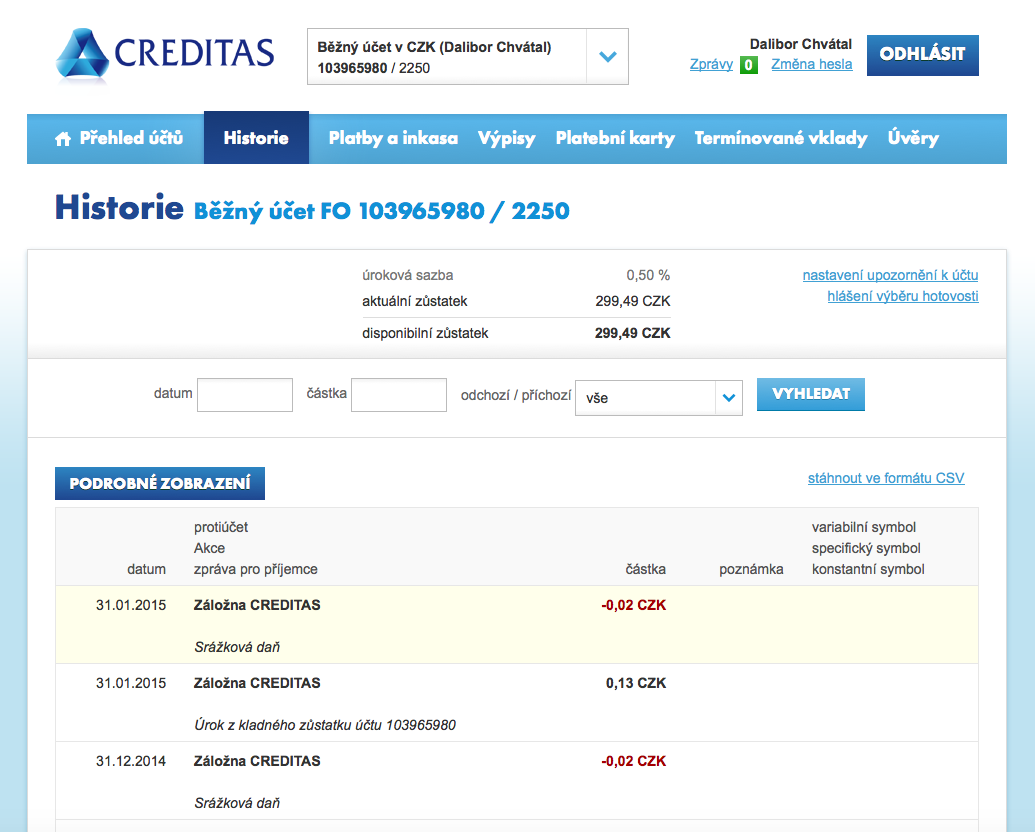 Internetové bankovnictví Záložny Creditas. 25.02.2015