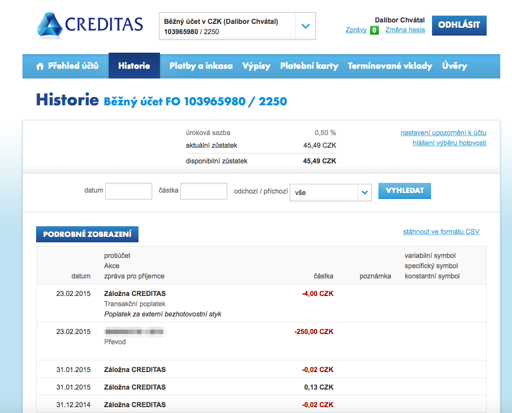 Internetové bankovnictví Záložny Creditas. 25.02.2015