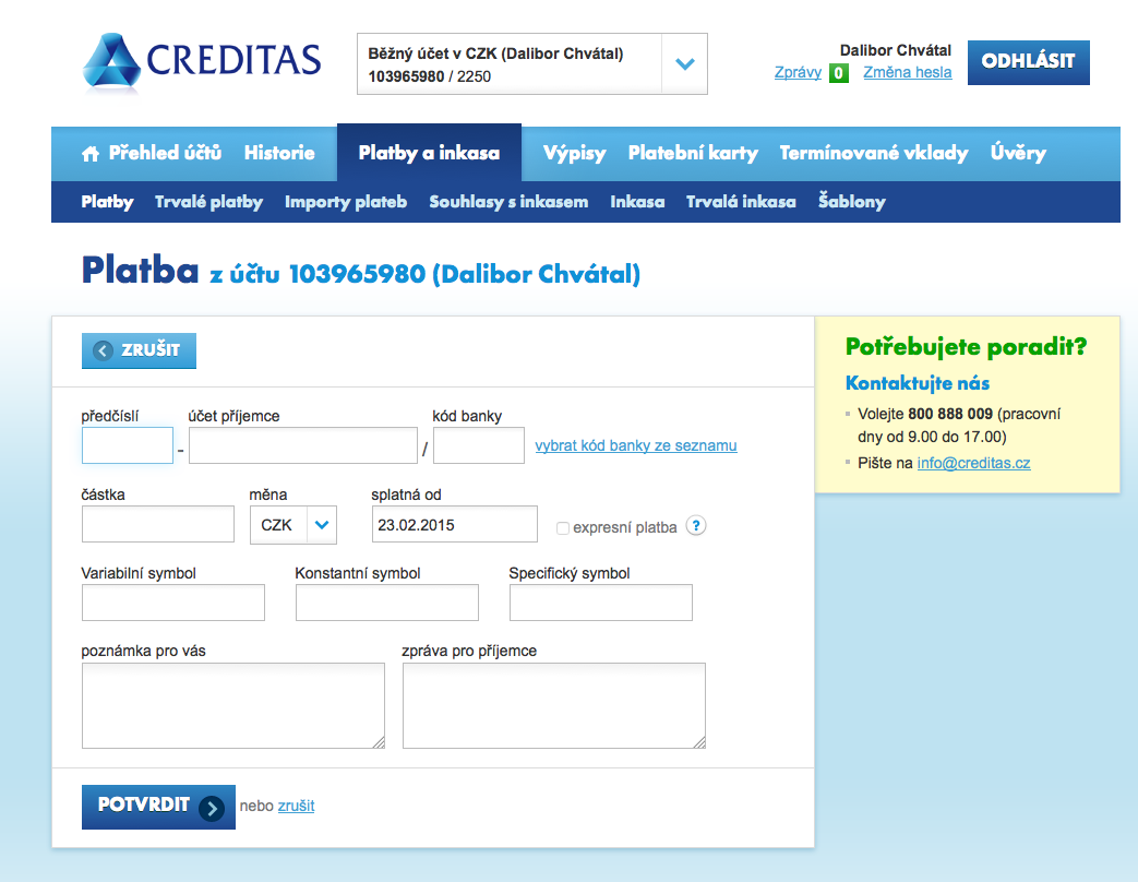 Internetové bankovnictví Záložny Creditas. 25.02.2015