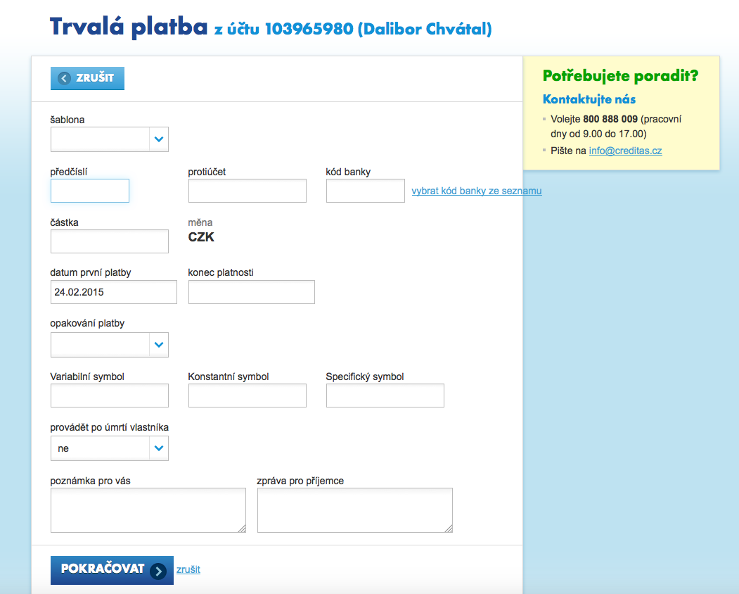Internetové bankovnictví Záložny Creditas. 25.02.2015