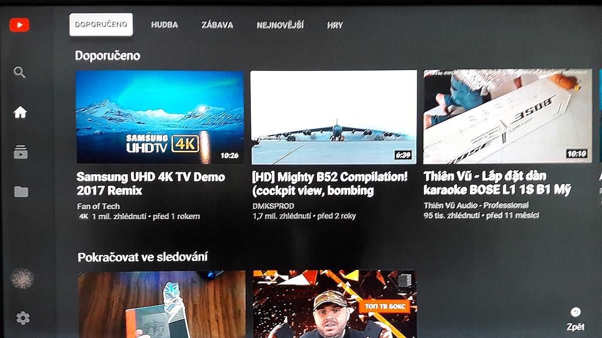 SledováníTV - Menu aplikace a YT účet