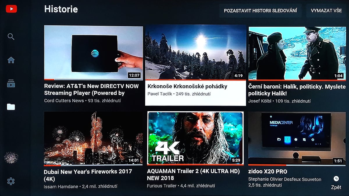 SledováníTV - Menu aplikace a YT účet