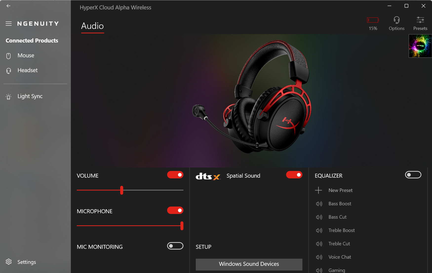 Rozhraní softwaru HyperX NGENUITY