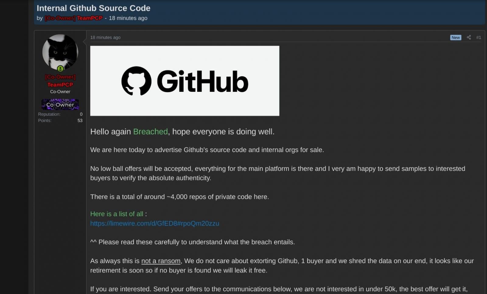 Příspěvek z hackerského fóra, kde skupina TeamPCP nabízí data.