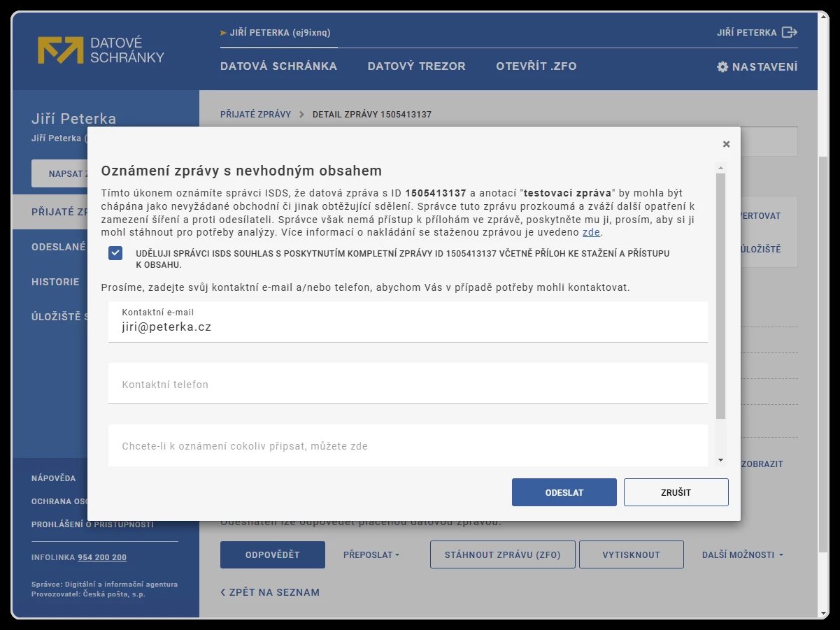 formulář k nahlášení (oznámení) datové zprávy