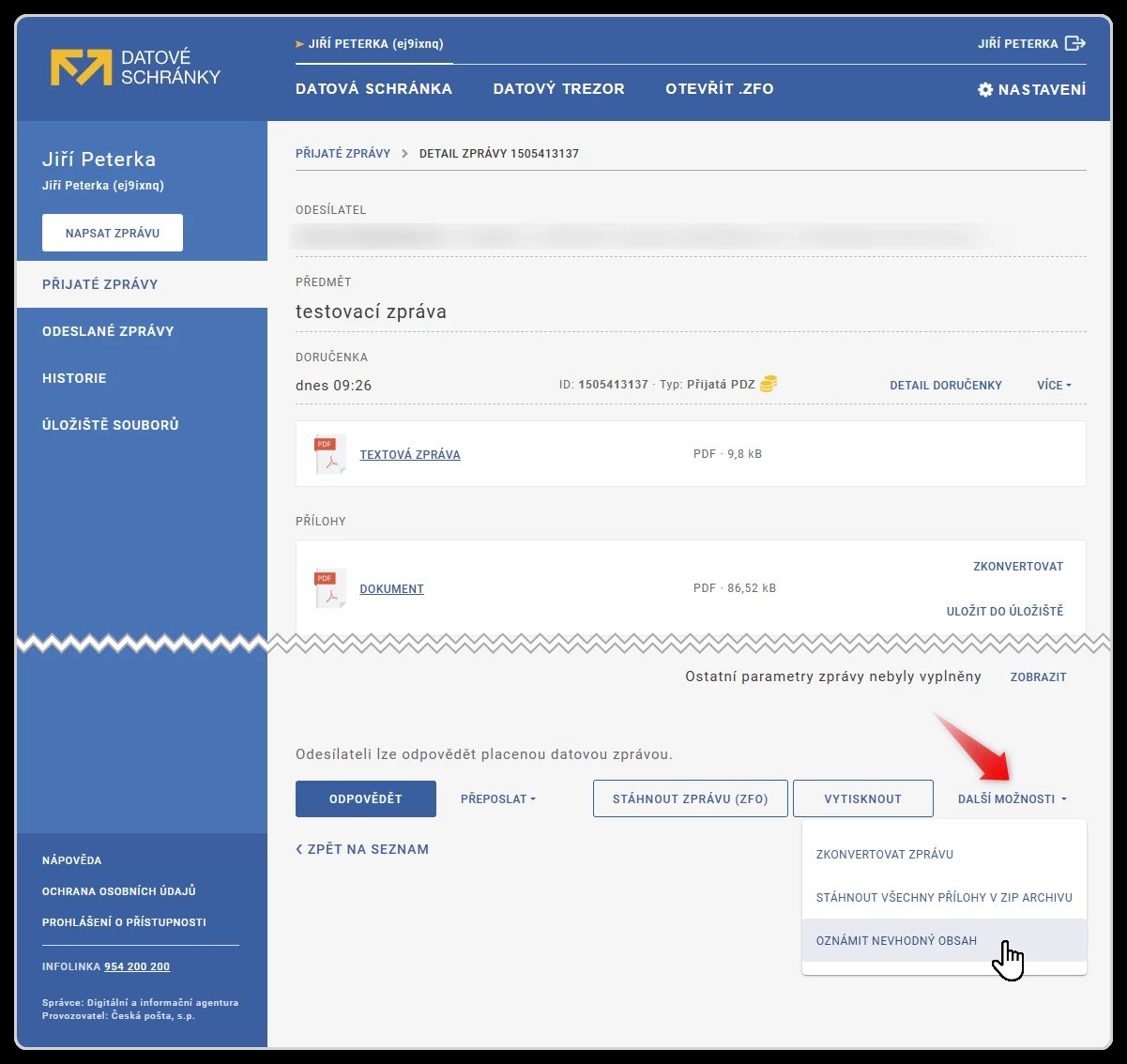 možnost nahlášení (oznámení) zprávy v klientském portálu