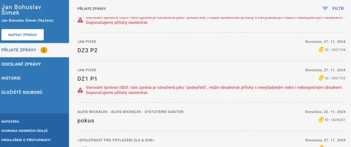 Autor: agentura DIA "nevhodné" datové zprávy v klientském portálu datových schránek