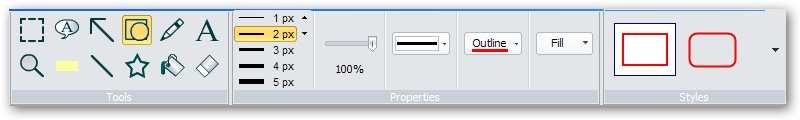 Pás karet Tools, Properties a Styles pro nástroj Rectangle / Elipse.
