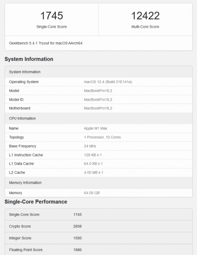 Apple M1 Max v databázi Geekbench detail