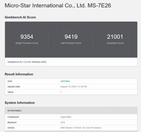 Geekbench AI na procesoru AMD Ryzen 9 7950X