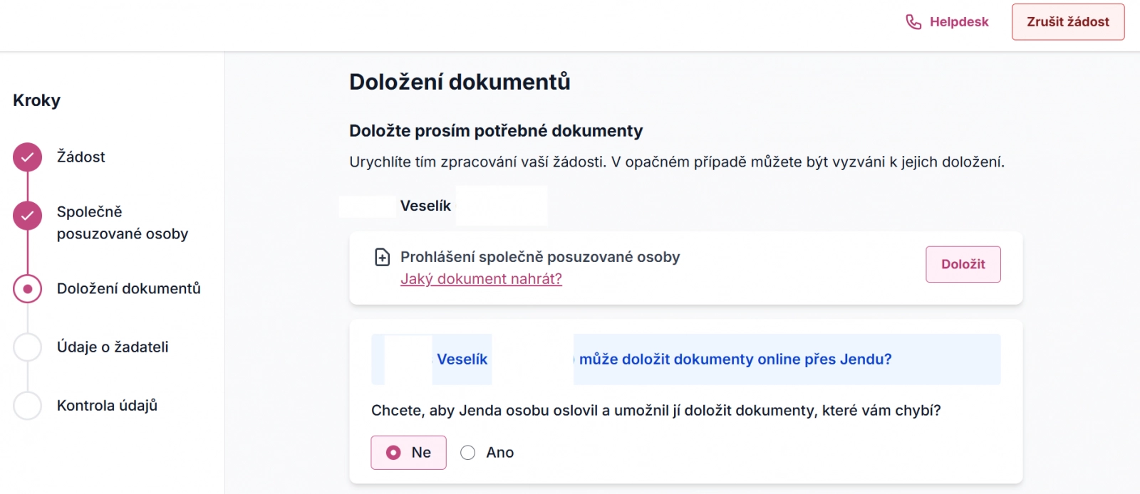 Doložení souhlasu s poskytování údajů při online žádosti skrze klientskou zónu MPSV Jenda.