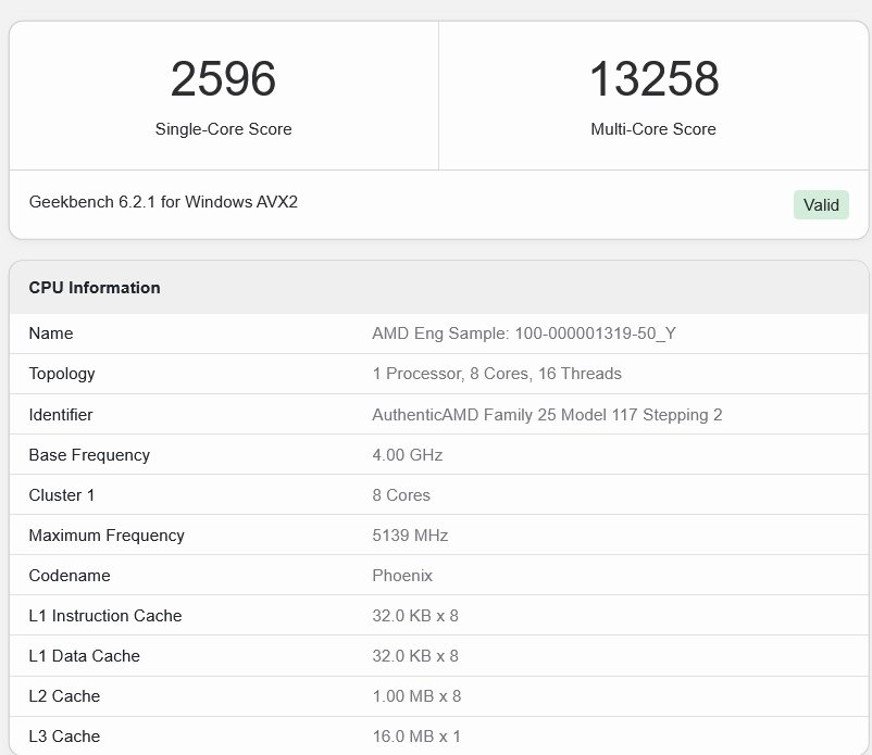 ES vzorek Ryzenu 9 8940H v databázi Geekbench