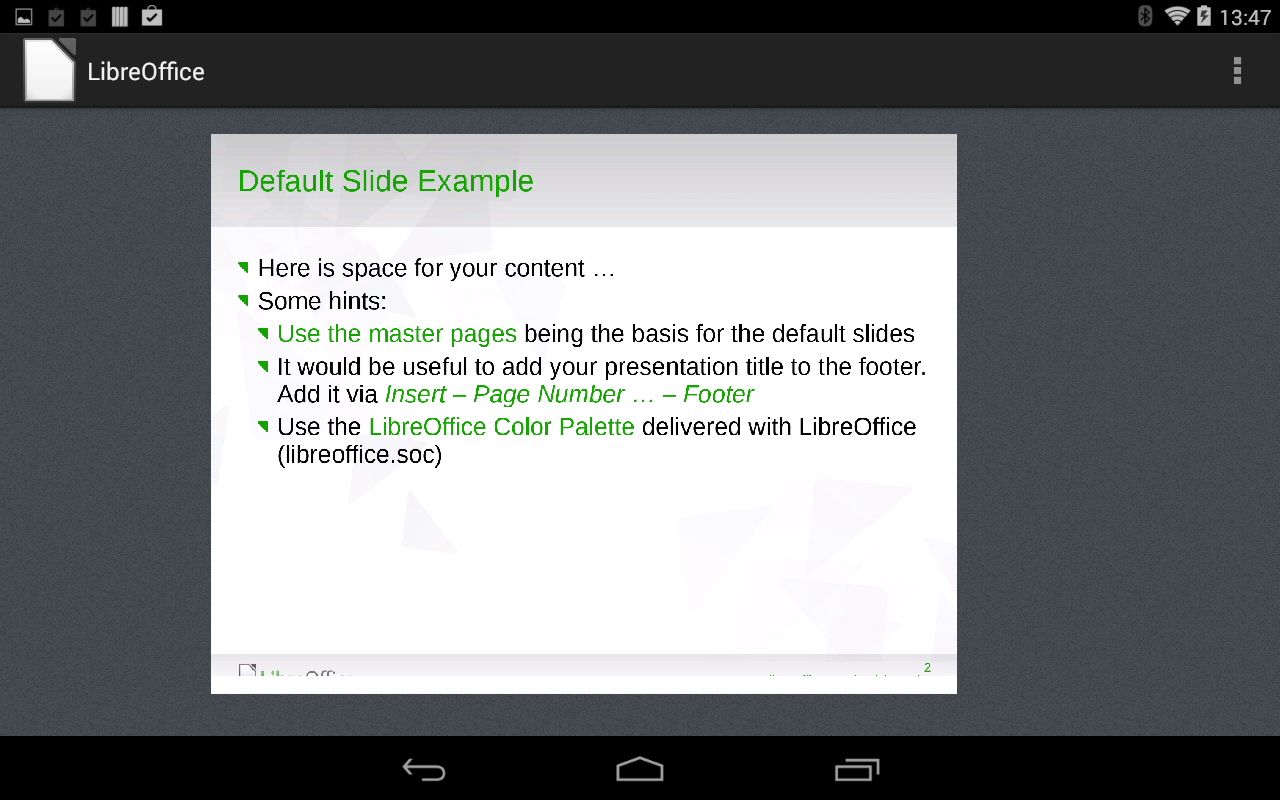 Příklad výchozí podoby slide v Impressu.