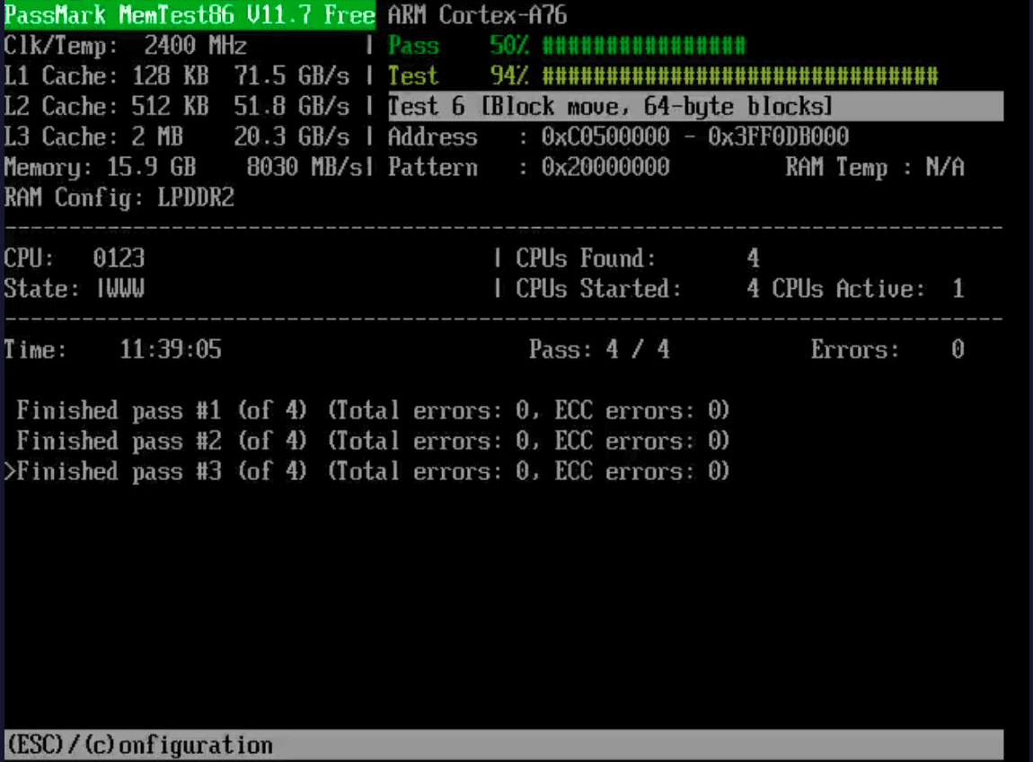 Memtest86 na RPi5 obrázek 2