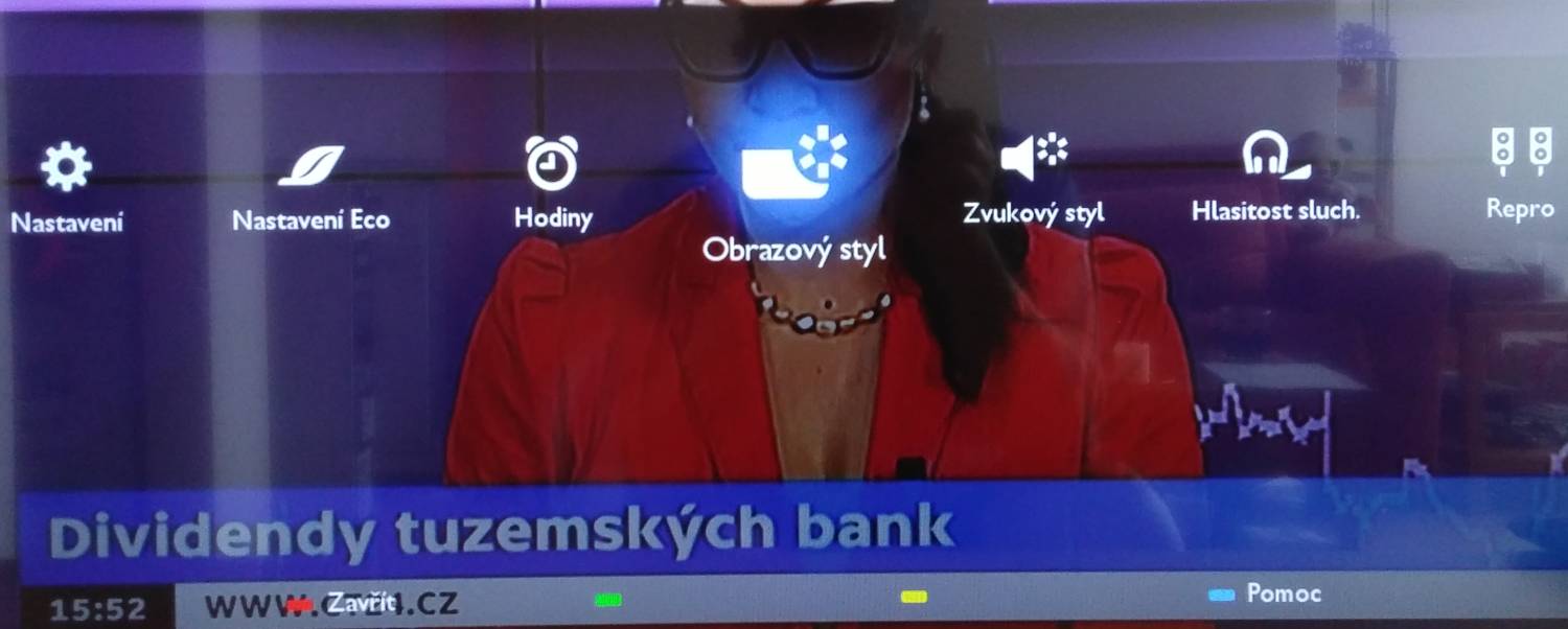 Menu na tlačítku Setup.  Toto je jediné místo (vedle přímého vyvolání zeleným teletextovým tlačítkem), kde máte i vstup do nastavení spotřeby energie.