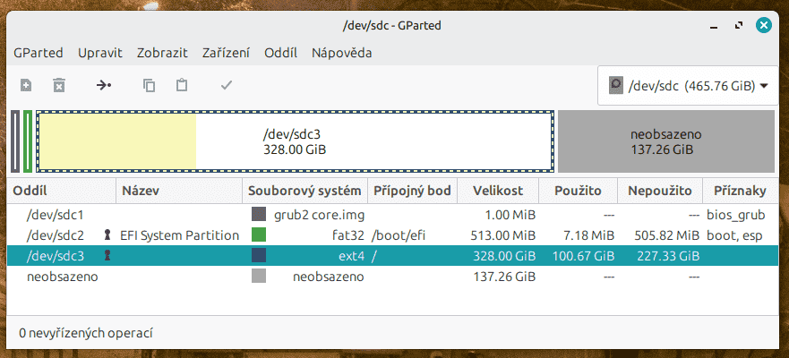 GParted (Editor oddílů pro GNOME) v Linuxu Mint