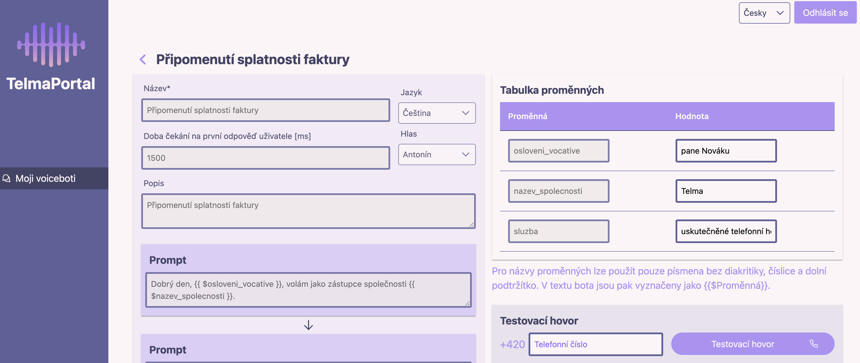 Rozhraní pro nastavení kampaně v Telma AI.