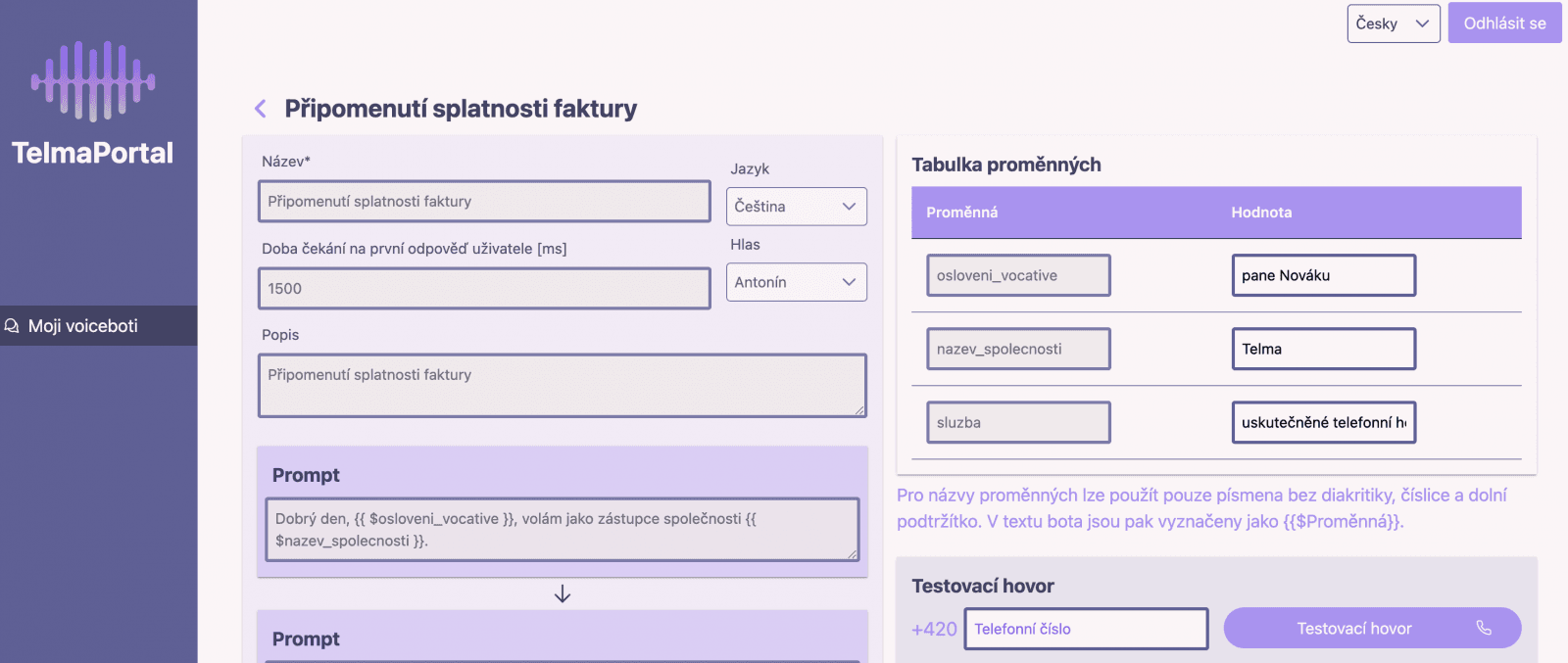 Rozhraní pro nastavení kampaně v Telma AI.