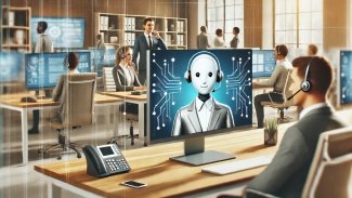 Zákaznické centrum, kde je na monitoru AI asistent jako příjemná grafická postava.