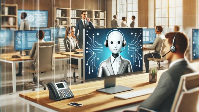 Zákaznické centrum, kde je na monitoru AI asistent jako příjemná grafická postava.