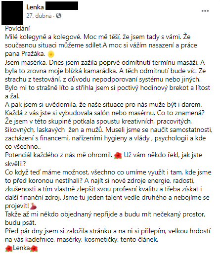 Maséři sdílí své zkušenosti na Facebooku