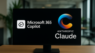 Moderní kancelářský stůl s monitorem zobrazujícím loga Microsoft 365 Copilot a Anthropic Claude, znázorňující propojení AI technologií v rámci platformy Microsoft 365, s neutrálním pozadím kanceláře.