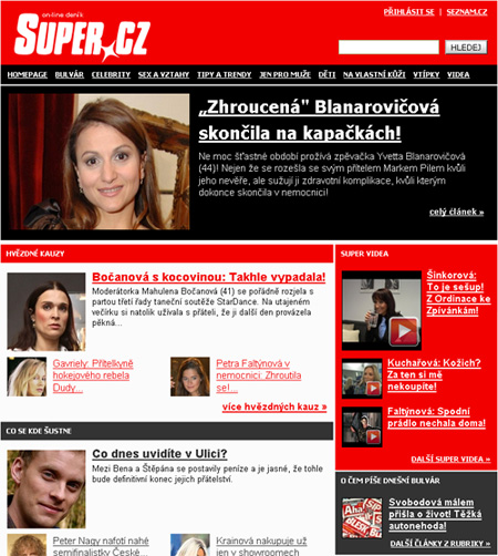 Design magazínu Super.cz tak, jak jej v roce 2008 Seznam spustil. Tehdy šlo ale jen o drobné změny vzhledu, měnily se hlavně vnitřnosti.
