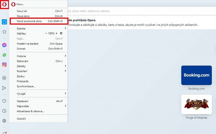 Jak otevřít anonymní okno v Opera