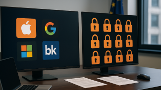Moderní kancelář s konferenčním stolem a dvěma monitory, na jednom jsou abstraktní symboly technologických gigantů a na druhém ikony zámků představující online bezpečnost. V pozadí je vlajka Evropské unie, naznačující dohled EU nad prevencí finančních podvodů.