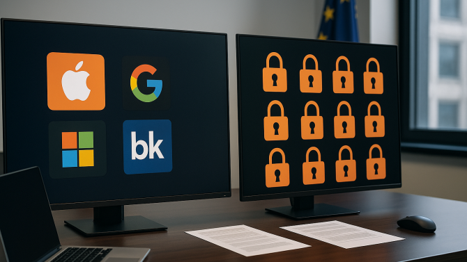 Moderní kancelář s konferenčním stolem a dvěma monitory, na jednom jsou abstraktní symboly technologických gigantů a na druhém ikony zámků představující online bezpečnost. V pozadí je vlajka Evropské unie, naznačující dohled EU nad prevencí finančních podvodů.