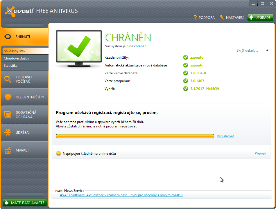 Hlavní okno aplikace avast! Free Antivirus