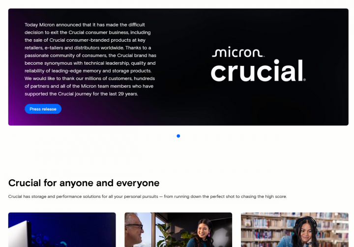 Autor: Crucial Micron oznamuje konec divize Crucial na webu značky