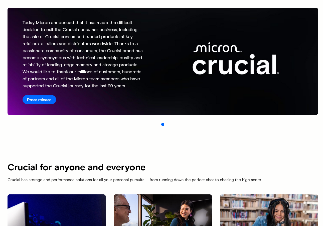 Micron oznamuje konec divize Crucial na webu značky