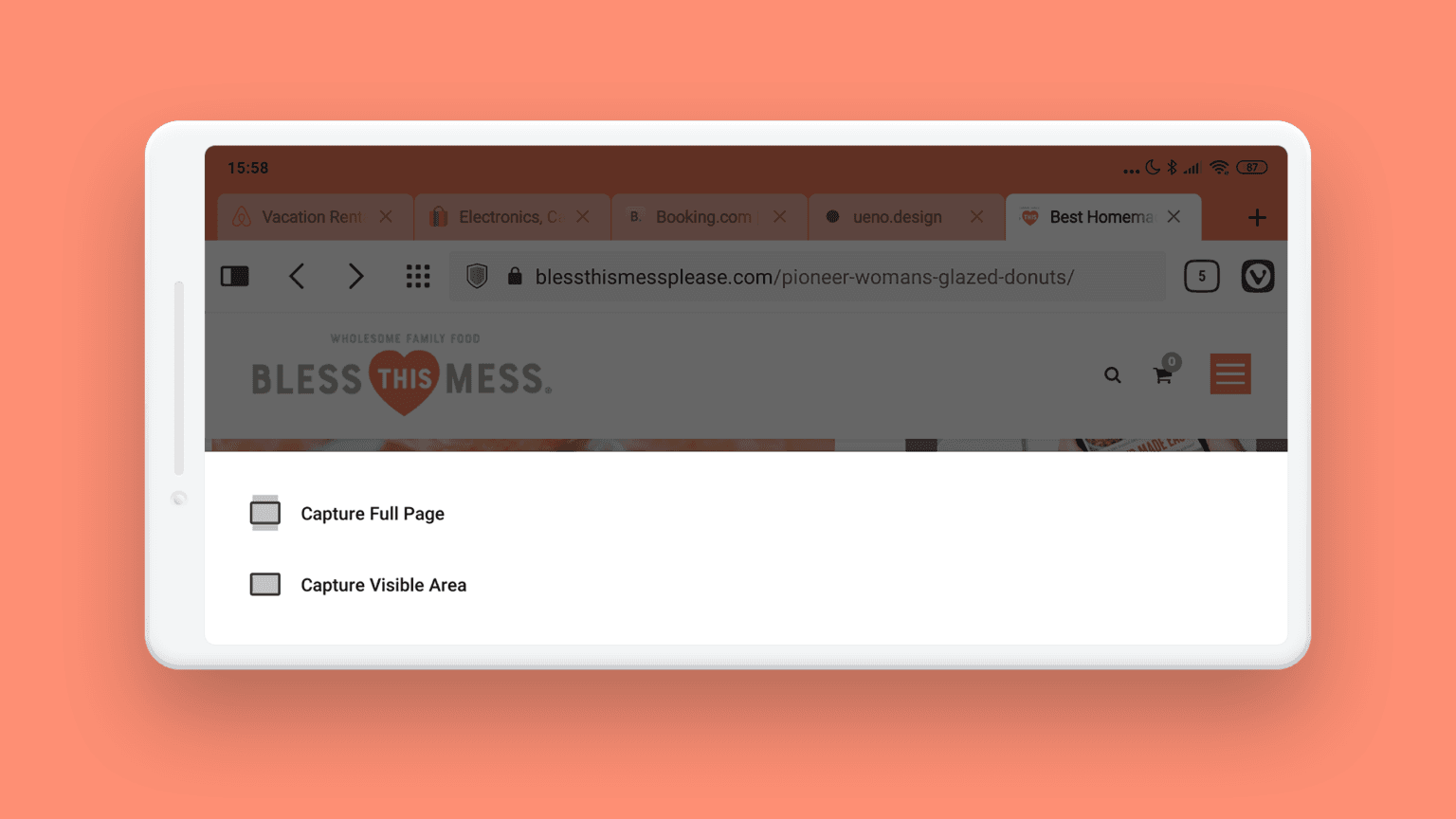 Prohlížeč také integruje možnost pořídit screenshot, včetně obrázku celé dlouhé stránky.