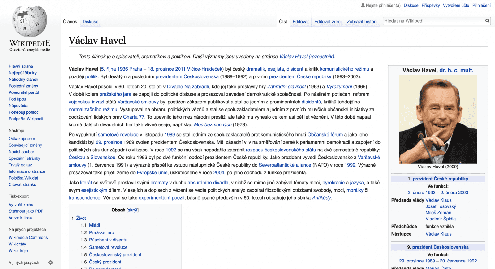 Stránka věnovaná Václavu Havlovi patří na české Wikipedii k nejvyhledávanějším.