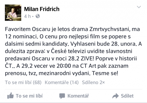 Veřejný status Milana Fridricha na Facebooku týkající se letošních Oscarů