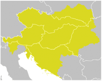 Československo 1918-1938 a zeleně podbarvená silueta Rakouska-Uherska na poválečné mapě Evropy (1929).