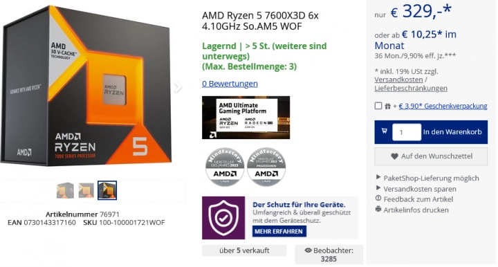 Ryzen 5 7600X3D na prodej v německém obchodě Mindfactory