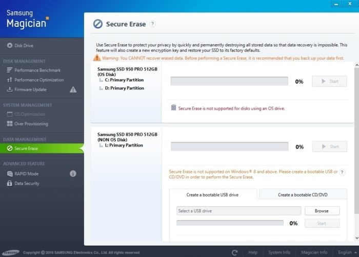 Nástroj Samsung Magician a jeho funkce pro bezpečné vymazání disku. Při spuštění bezpečného vymazání dojde k vymazání všech dat a k návratu do původního stavu včetně výkonu – nebo alespoň do stavu přibližujícího se tomu původnímu