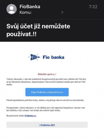 Jak vypadá podvodná zpráva vydávající se za zprávu z Fio banky.