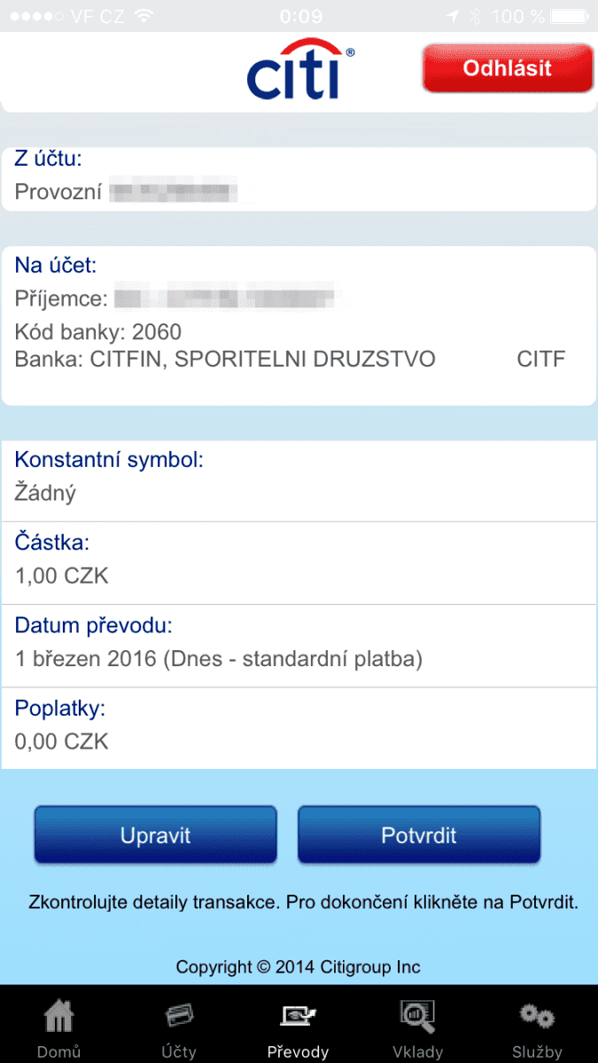 Mobilní aplikace pro iOS. Příkaz k úhradě.