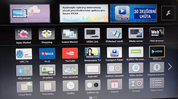Přes tlačítko APPS se dostanete do sdružené nabídky pro přehrávání multimédií (přes USB i DLNA), na otevřený web a mj. také na nejrůznější widgety, včetně českých. Voyo jsem bohužel vyzkoušet nemohl, změnili se lidé a jak se zdá, spolupráce skončila.