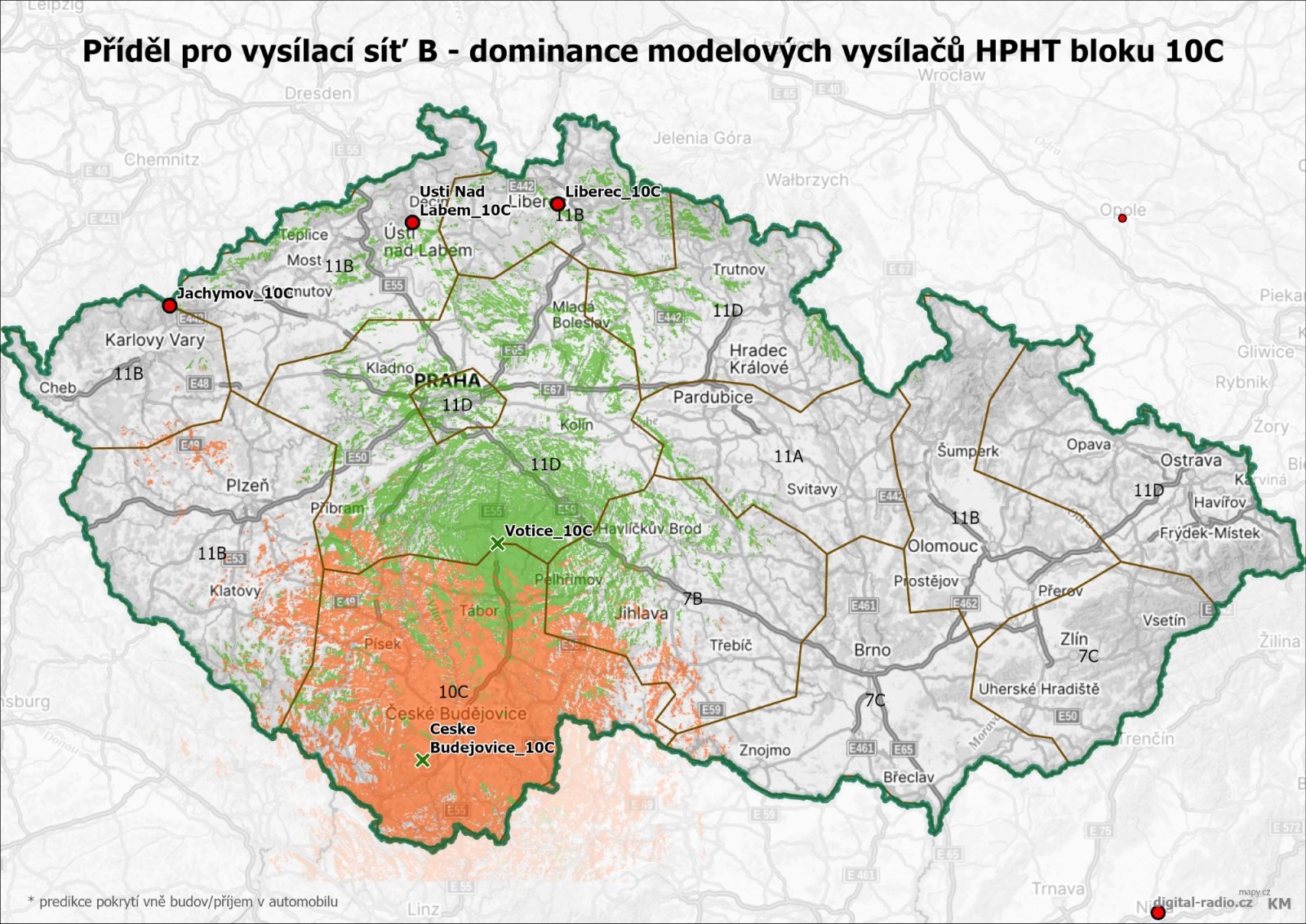 DAB+ vysílací síť B - dominance modelových vysílačů