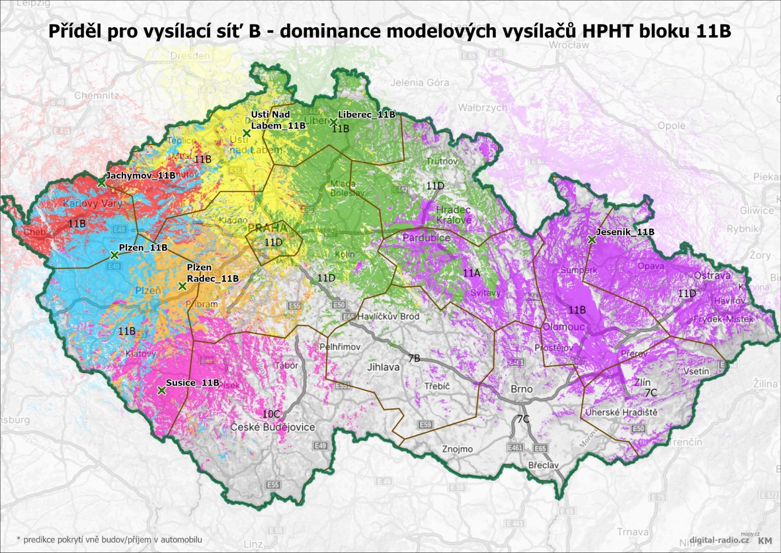 DAB+ vysílací síť B - dominance modelových vysílačů