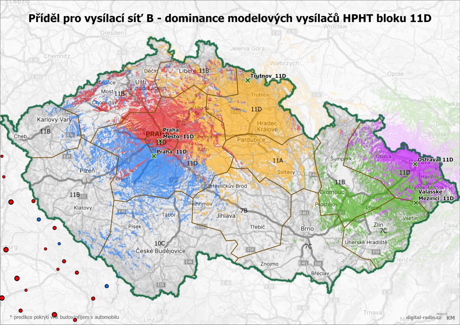 DAB+ vysílací síť B - dominance modelových vysílačů
