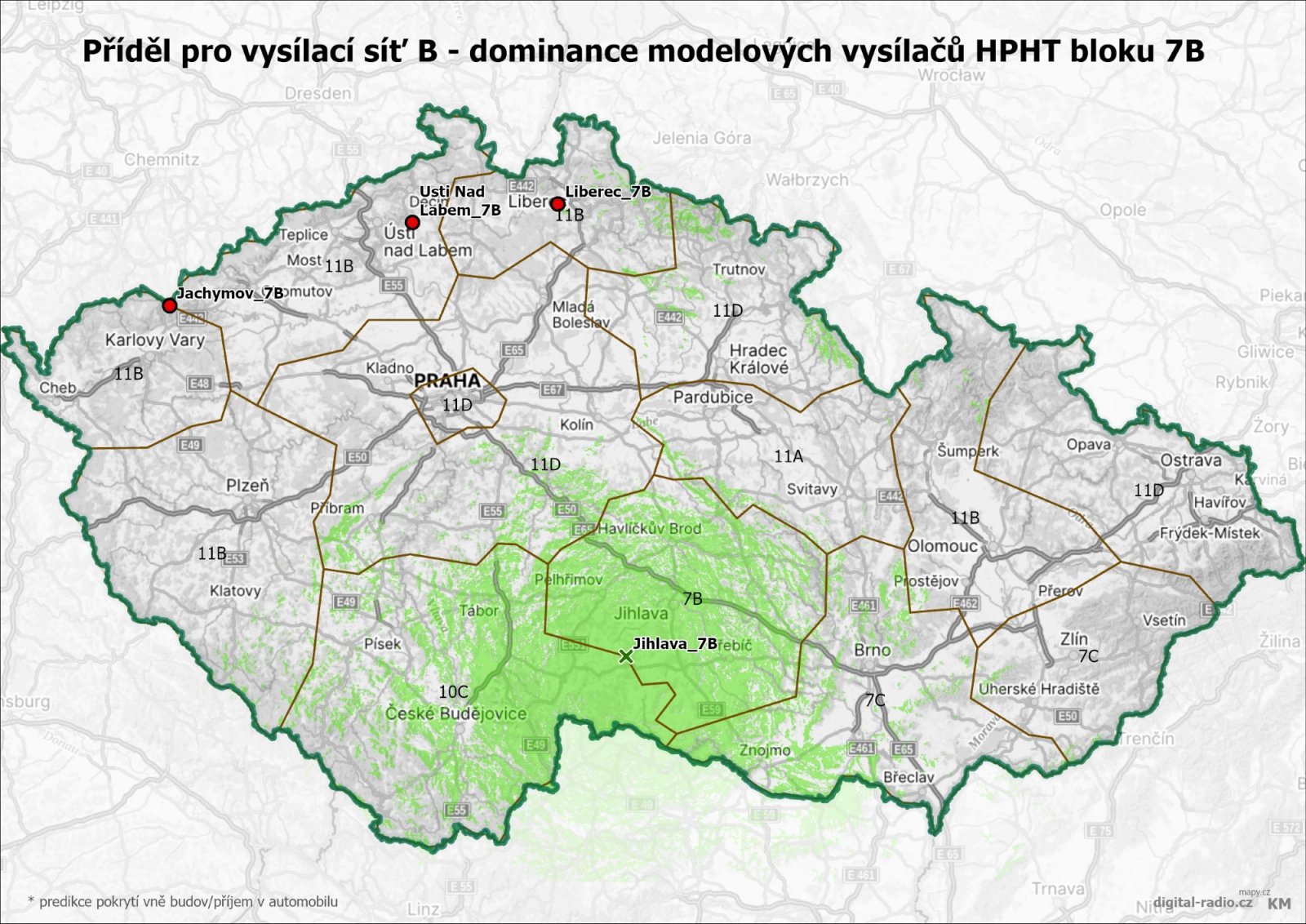 DAB+ vysílací síť B - dominance modelových vysílačů