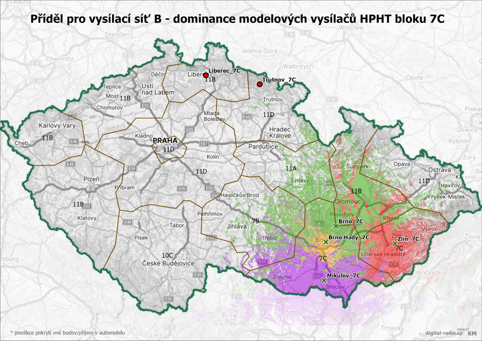 DAB+ vysílací síť B - dominance modelových vysílačů
