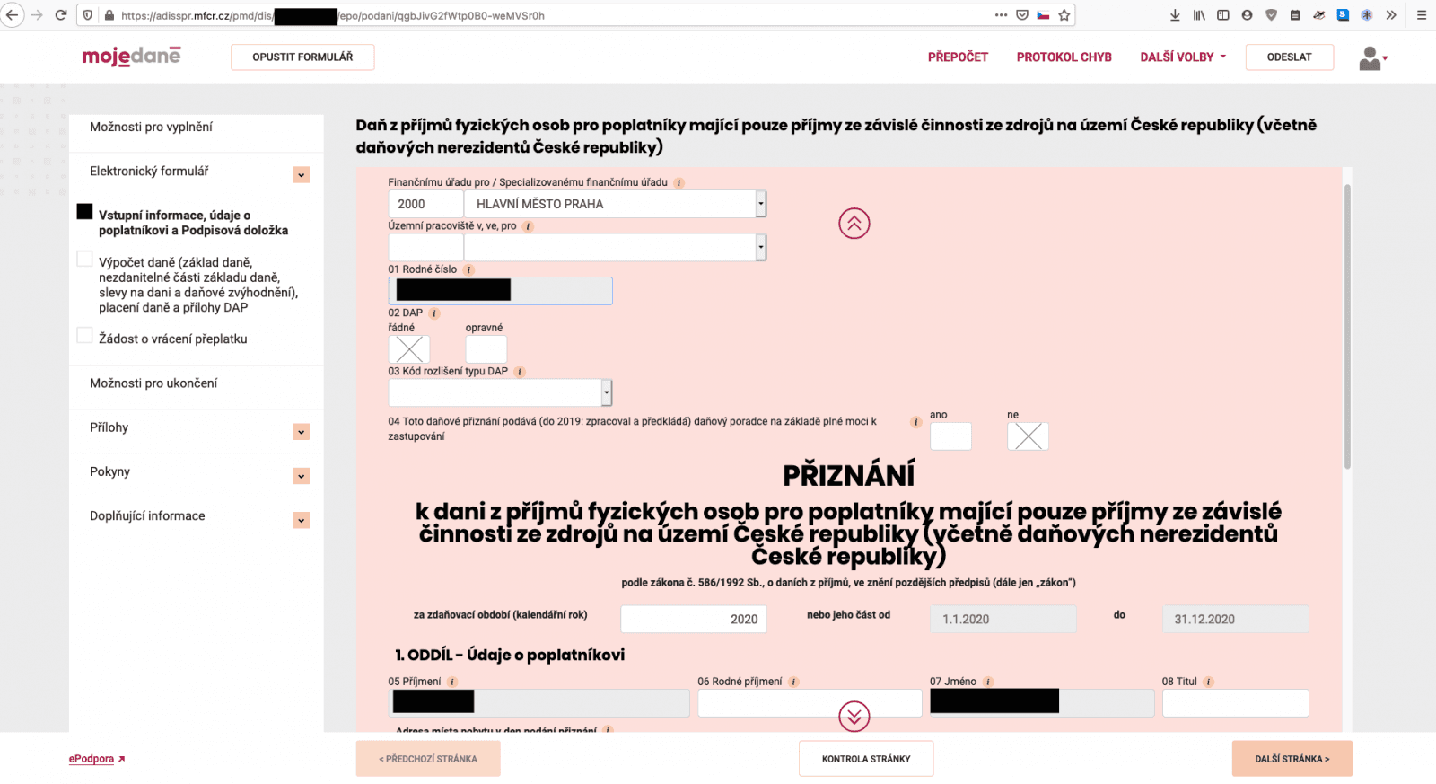 Online finanční úřad má redesignovaný formulář jen pro příjmy ze zaměstnání. Součástí adresního řádku (htttp) je i rodné číslo poplatníka. (03/2021)