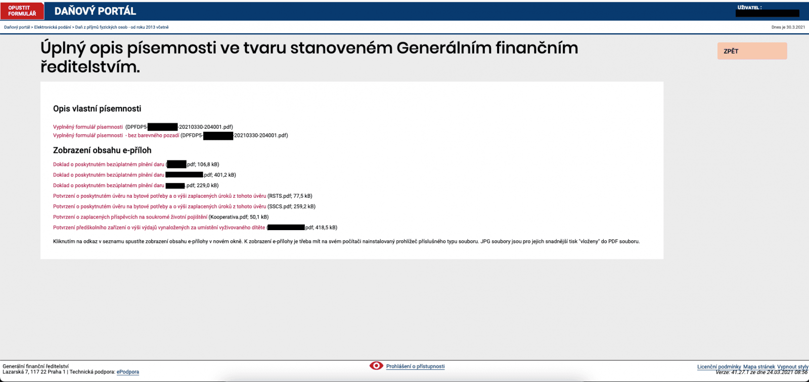 Po podání daňového přiznání si OSVČ může všechny soubory stáhnout. (03/2021)