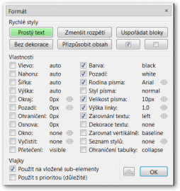 Možnosti formátování vybraných bloků a prvků.